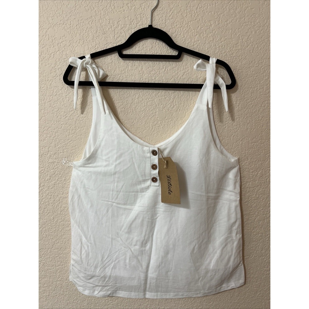NWT Listicle Sz L White Tank Top Blouse Bow Shoulder Tie Lined Wooden Buttons